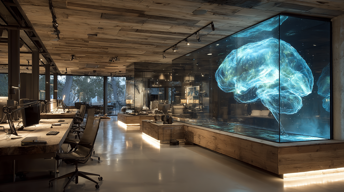 Research laboratory with holographic brain visualizations