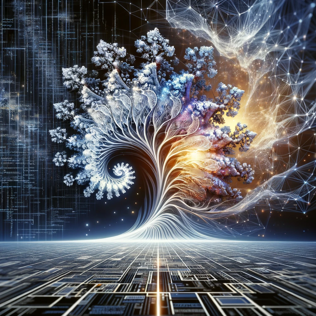 Emergence from code — fractal tree growing from computational substrate